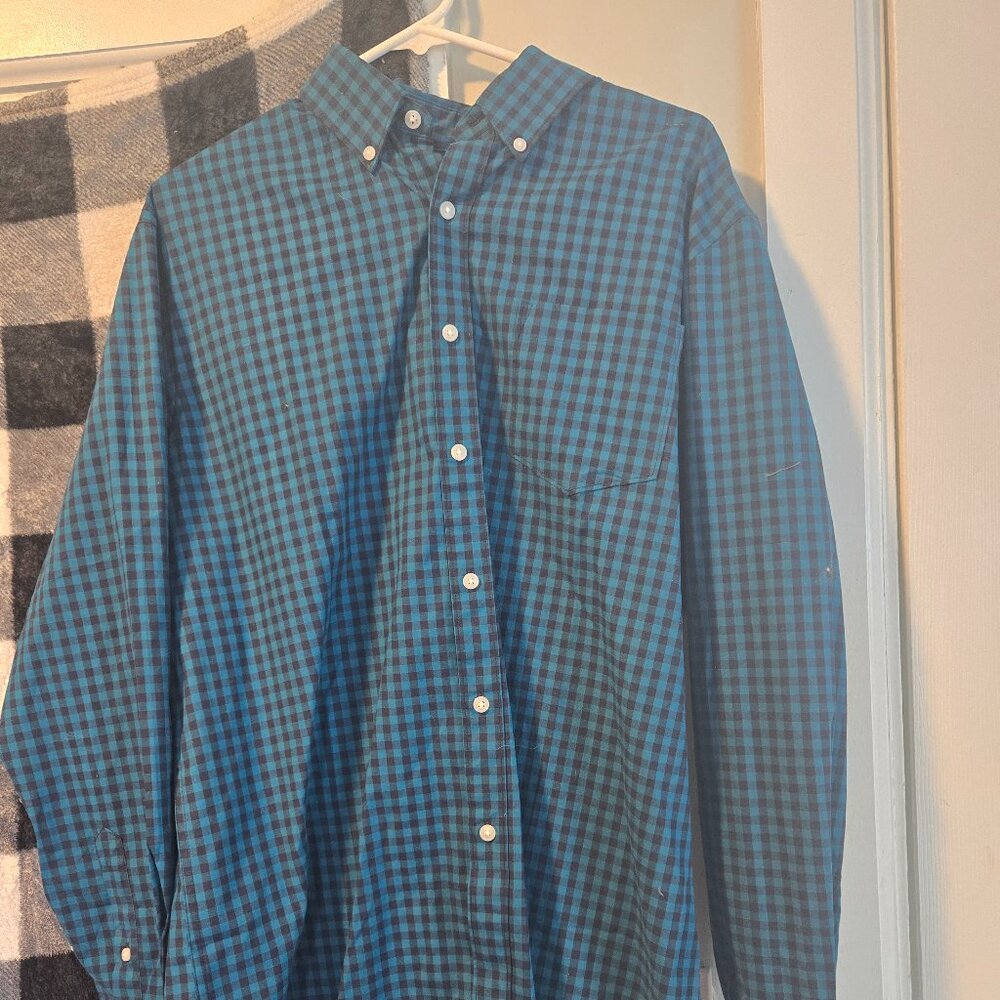 blue black checked button up